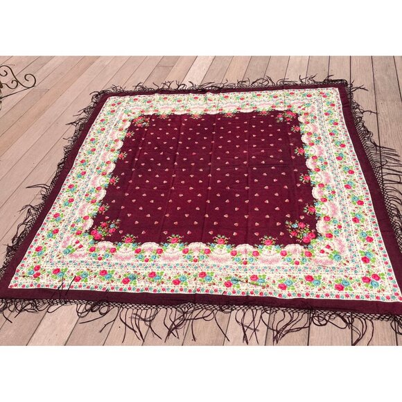 Antique 1909 Romanian Textile Art Wool Floral Shawl Hand Tied Fringe Floral